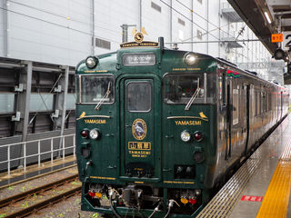 Emerald Kawasemi Yamasemi limited-express train at a rainy Kyushu station, golden bird emblems, Japanese signage, and gleaming rails beneath an industrial roof.
