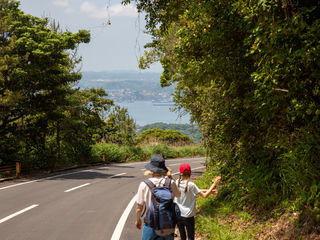 Lush Kyushu hillside, winding mountain road, hikers beneath dense subtropical foliage, and a tranquil harbor framed by layered green mountains and distant city buildings.